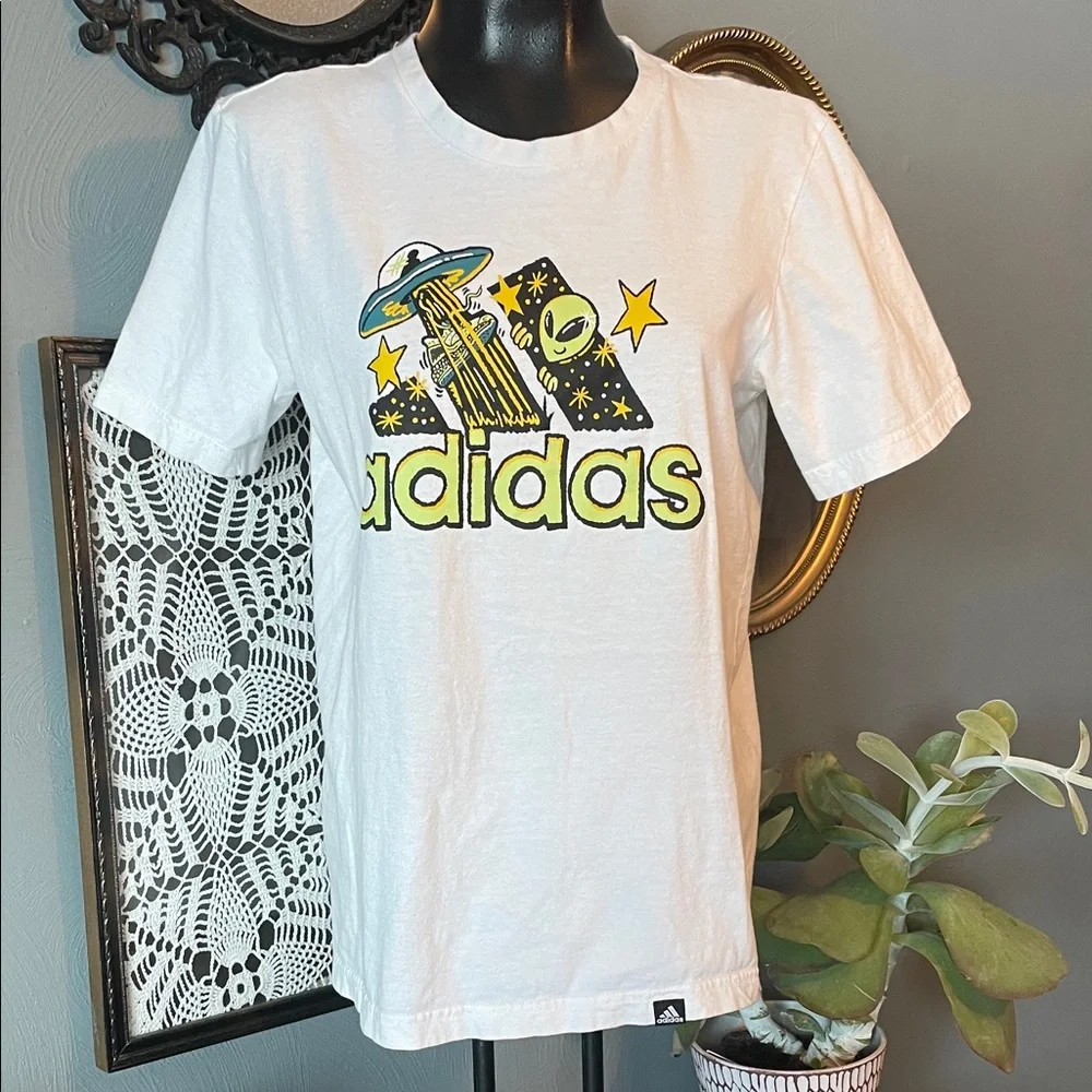 Adidas White Tee with Alien Graphic